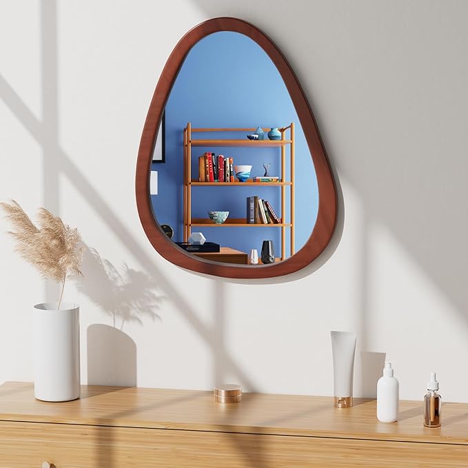22.5" x 17.5" Irregular Wall Mirror, Wood Frame Asymmetrical Decorative Wall Wooden Mirror for Living Room Bedroom Entryway Bathroom Hallway Home Decor