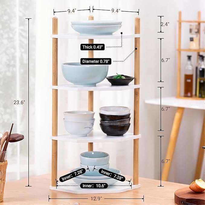 4-Tier Expandable Bamboo Corner Shelf - Dish/Plate Organizer for Cabinet, Kitchen Counter Shelf & Small Kitchen Shelf, Adjustable (White, 1-Pc 4-Tier)