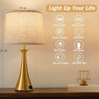 Touch Lamp for Living Room Bedroom, 21" Table Lamps Set of 2 with USB C+A Ports, Touch Bedside Lamps for Nightstand with 3 Way Dimmable, 2 LED Bulbs Included, Gold