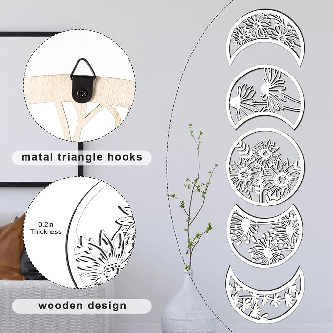 Jetec 5 Pcs Moon Phase Wall Art Decor Wall Pediments Hanging Wooden Phase Spiritual Bedroom Nordic Boho Lunar Aesthetic Art for Living Room Dorm Apartment Ornament(White)