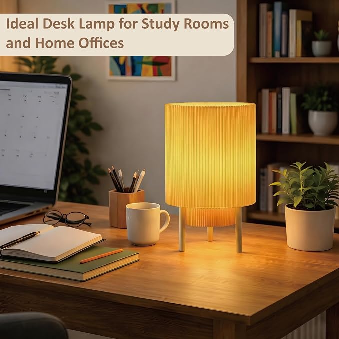 Buruis 2-Tier Table Lamp with Pleated Fabric Shade, Natural Rubber Wood Stand, UL Listed, 10'' Elegant Retro Mid-Century Bedside Lamp for Bedroom, Living Room, Bookshelf, Bulb Not Included, Yellow