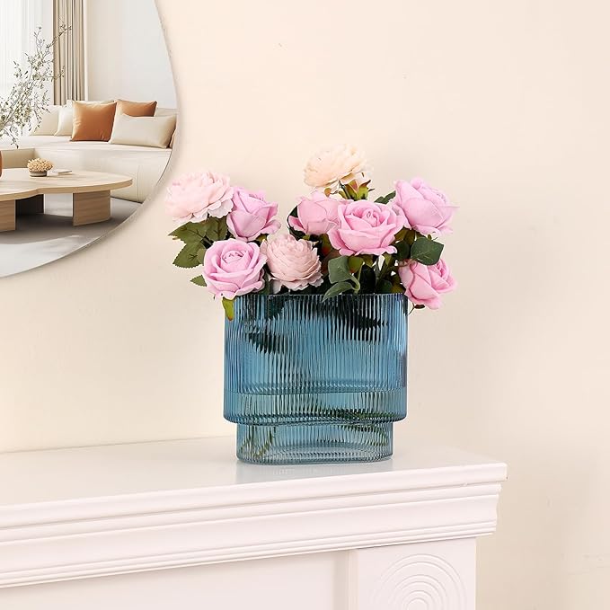 Ribbed Glass Vase, Blue Glass Vase, Fluted Short Vases for Flowers, Modern Vases for Living Room, Dining Room, Bathroom, Desk, Shelf, Wedding, Office, 7 Inches
