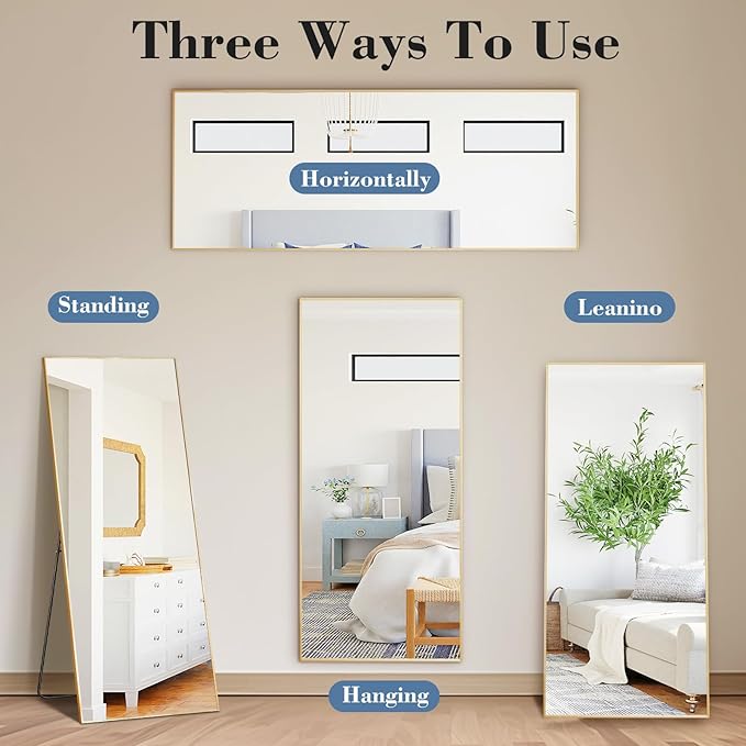 DUMOS 15"x56" Full Length Mirror with Stand, Floor Standing Aluminum Frame, Shatter-Proof Nano Glass for Bedroom, Living Room, Cloakroom – Modern Simple Home Decor,Can Be Hanging or Leaning, Gold