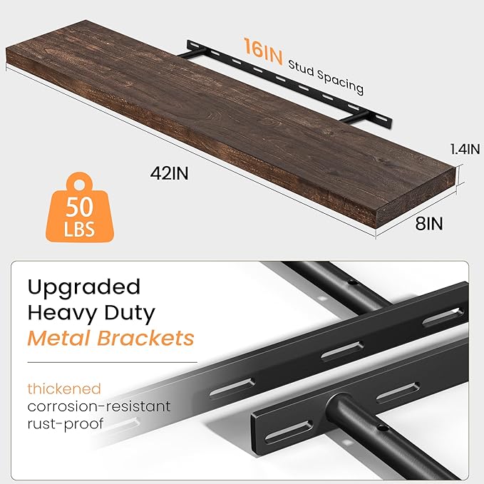 Fun Memories 42" Floating Shelves for Wall, Rustic Solid Elm Wood Floating Shelves - Invisible Bracket Mount, Extra Long Wall Mounted Shelf for Living Room, Bathroom, Bedroom, Kitchen, Walnut