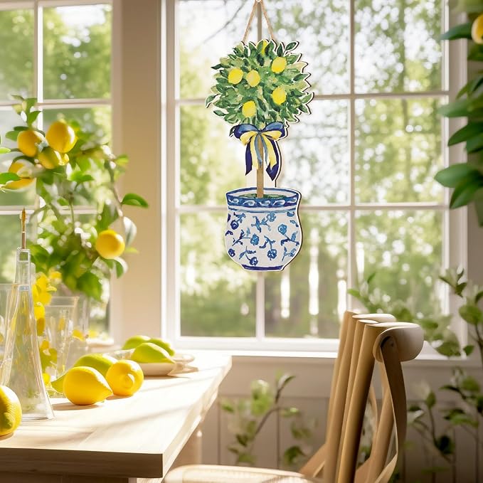 RattanView Large Size Chinoiserie Lemon Tree Door Hanger Rustic Topiary Wooden Sign Front Door Home Wreath Ornament for Farmhouse Indoor Outdoor Yard Porch Welcome Decor, 27.16 x 11.81 in