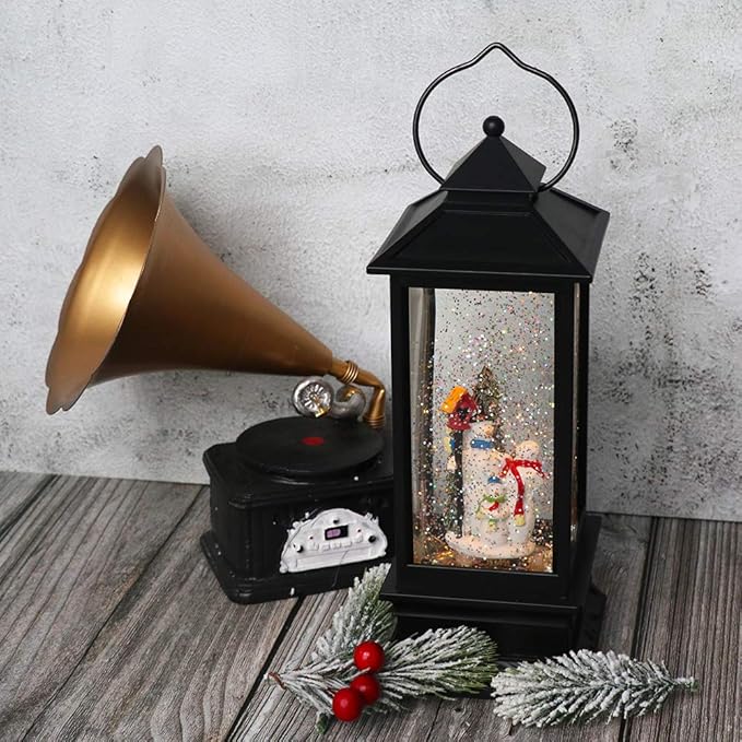 Wondise Lighted Musical Snow Globe Lantern with 6 Hour Timer, 12 Inches USB Powered and Battery Operated Spinning Water and Swirling Glitter Christmas Snow Globe Lantern Gifts(New Snowman)