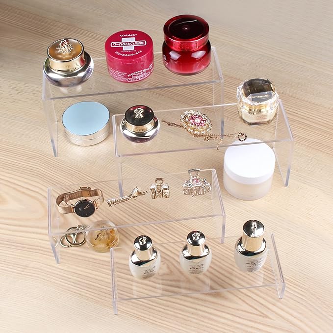 ELEGANTLIFE Acrylic Display Risers Set of 4, 4-Level Tiered Display Stands for Cupcakes, Small Figures & Jewelry, Compact Countertop Display Shelf, Multiple Colors Available (Clear)