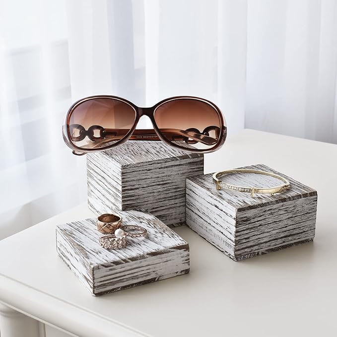 MOOCA Customizable Wooden Display Risers Set - 3 Different Height Stands for Jewelry, Watches, Cosmetics, and Accessory, Antique White Color
