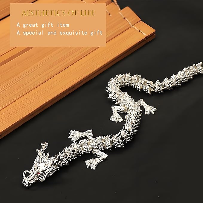 LIYAOLI 3D Printed Metal Articulated Dragon 2024 Silver Chinese Dragon Statue 9 Inch Flexible Joints Luck Statue Decor for Home Office Desk Decoration