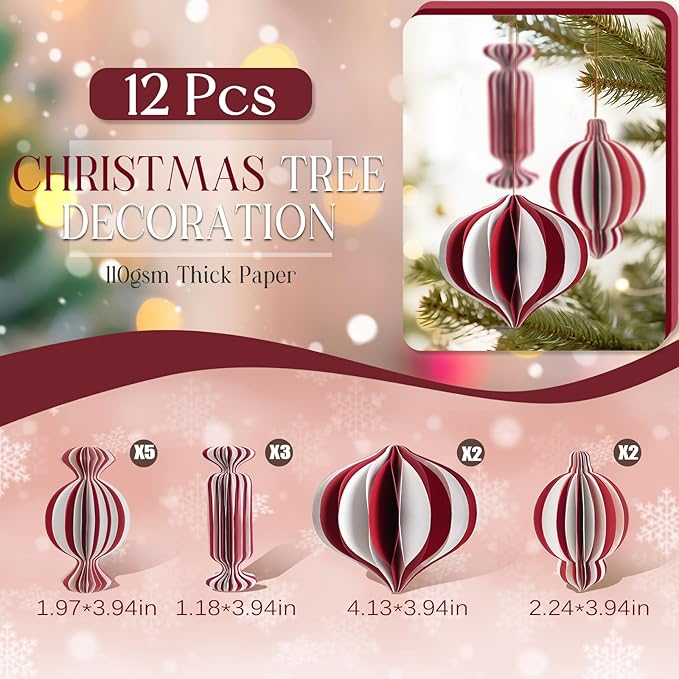 12Pcs Red and White Christmas Decorations, 3D Candy Paper Honeycomb Ornaments for Tree, Decorative Hanging Ornaments Craft Balls Honeycomb Lanterns for Xmas Tree New Year Holiday Party Home Decor