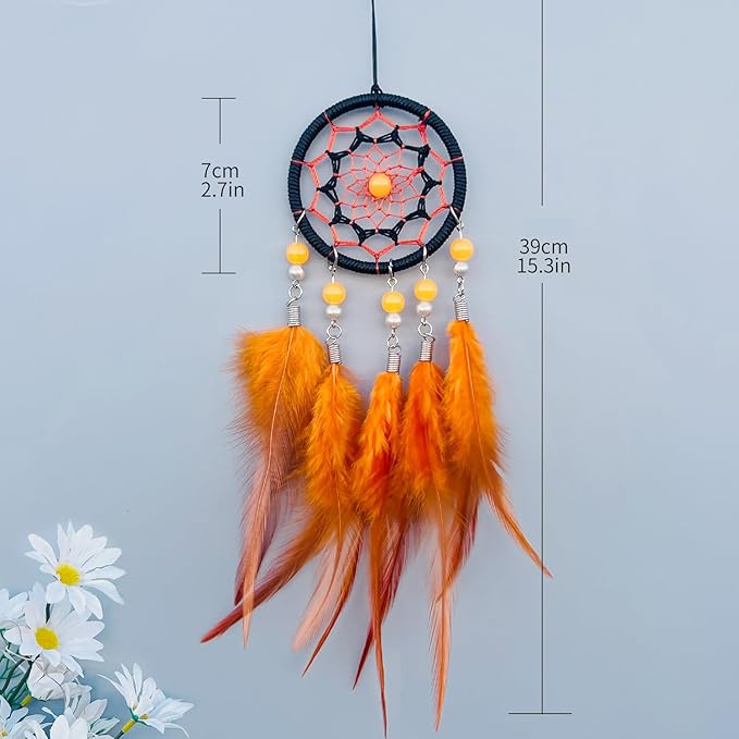Small Dream Catcher Orange, Car Dream Catcher for Rearview Mirror Hanging Accessories, Mini Dream Catchers for Boys