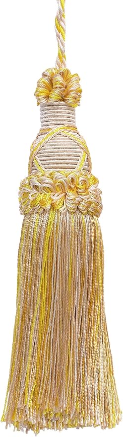DÉCOPRO 5 1/2" (14cm) Key Tassel, 4" (10cm) Loop, with Criss Cross Design # KTIC, Sunray Gold #4874 (Yellow, Orange, Light Gold) Set of 2