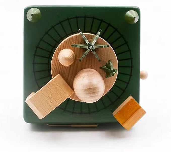 Natural Solid Wood Handcrafted Beech Wooden, Musical FigureTotoro/Carousel/Fairy/Ballerina Figurine,Rotating Hand Crank Mechanism Music Box,Musical Decorations (Green Christmas Train)