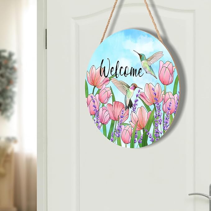 Welcome Spring Summer Hummingbirds Sign for Front Door Decor Spring Floral Wood Door Hanger Sign Spring Decorations Seasonal Farmhouse Wreath Wall Hanging Sign for Home Outdoor Outside Porch 12”x12”