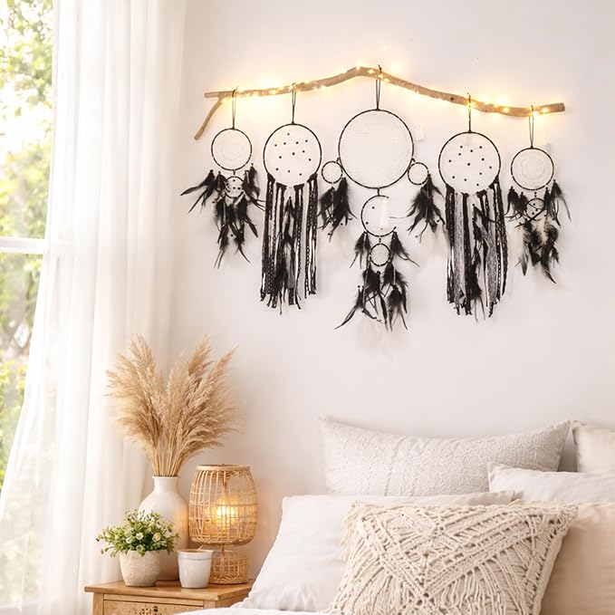 5 Pack Black Dream Catchers for Bedroom Adult Boho Macrame Wall Hanging Art Decor Large Dreamcatchers with Feather for Home Living Room Handmade Gift