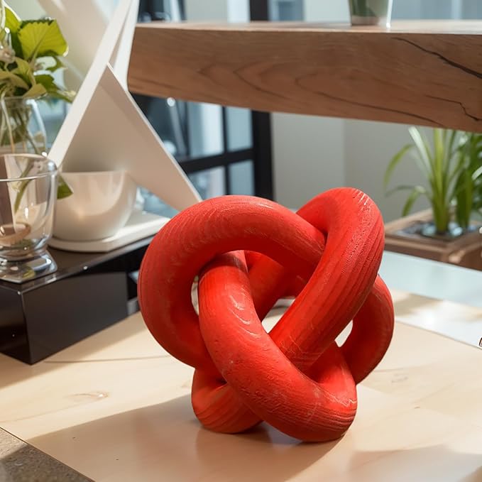 Wood Chain Link Decor--3 Link Wood Knot Decor Hand Carved Coffee Table Decor Farmhouse Rustic Shelf Decor Boho Modern Simplicity Decorative Objects for Living Room Bedroom Decorations (Red)