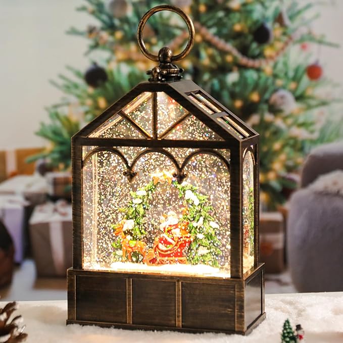 Christmas Snow Globes Musical Lantern Snow Globe Santa Clause Reindeer Sleigh Water Snow Globe Glittering Portable Hanging Tabletop Decorative Lantern Christmas Home Décor