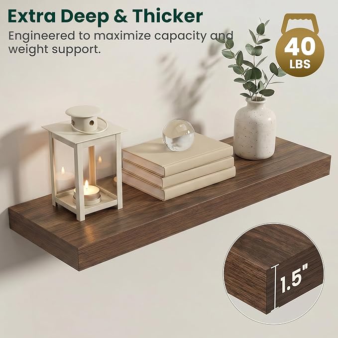 Floating Shelves for Wall 32 in x 9.3 in Deep, Wall Mounted Rustic Wood Shelf with Invisible Brackets for Storage & Display, Living Room Bedroom Bathroom, Walnut, 2 Pack