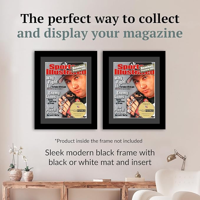 Creative Picture Frames 8.5 x 11.25 Magazine Frame with Full-Strength Glass, Holds Up To A 1/4" Thick Media with Installed Hangers for Easy Mounting, 11x14 Manhattan Black Frame with Black Mat