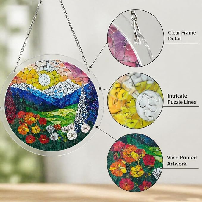 Acrylic Suncatcher Puzzle, 83 Pieces Unique Landscape Sun Catcher Puzzle Kit for Doors Garden and Window Hanging, DIY Suncatcher Kits for Adults, 7.4 in
