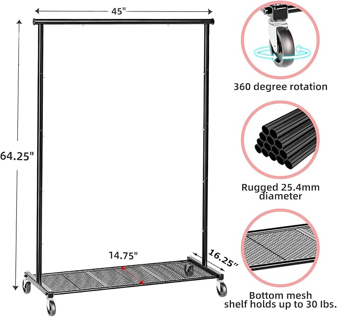 Clothes Rack for Hanging Clothes, 64.25 Inch Clothing Racks with Wheels, Portable Rolling Clothes Garment Rack for Bedroom, Laundry, Living Room, Black