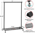 Clothes Rack for Hanging Clothes, 64.25 Inch Clothing Racks with Wheels, Portable Rolling Clothes Garment Rack for Bedroom, Laundry, Living Room, Black