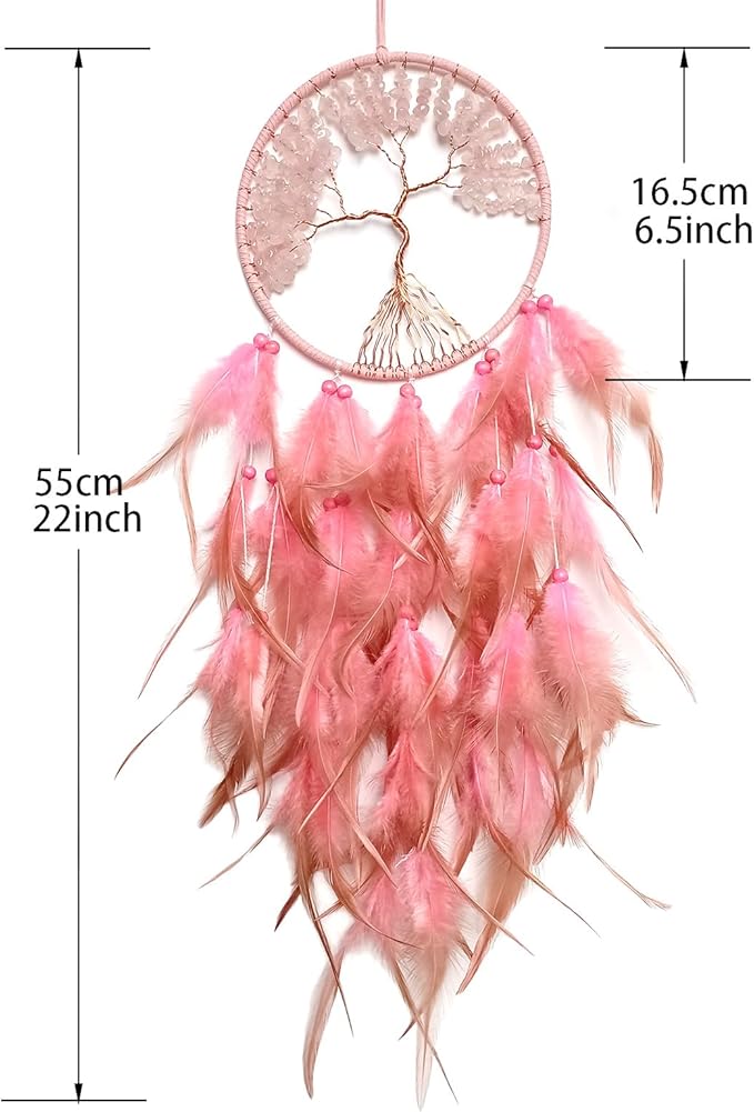 Pink Dream Catcher Wall Decor Crystal Tree of Life Dream Catchers Handmade Feather Dreamcatcher Wall Hanging Ornament for Bedroom Living Room Home Decor