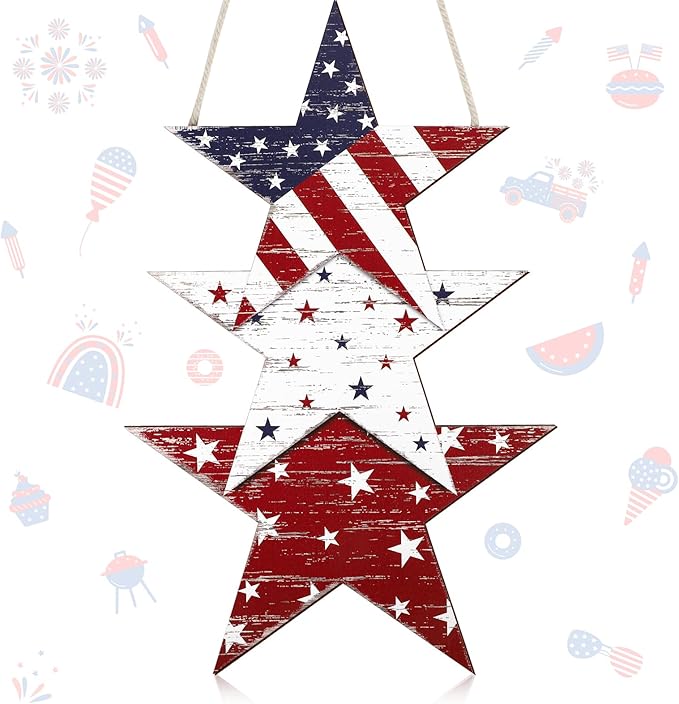 4th of July Decorations Wooden Welcome Sign, Wooden American Flag Star Wreath, Outdoor Wall Hanging for Front Porch, Memorial Day Home Decor (Retro)