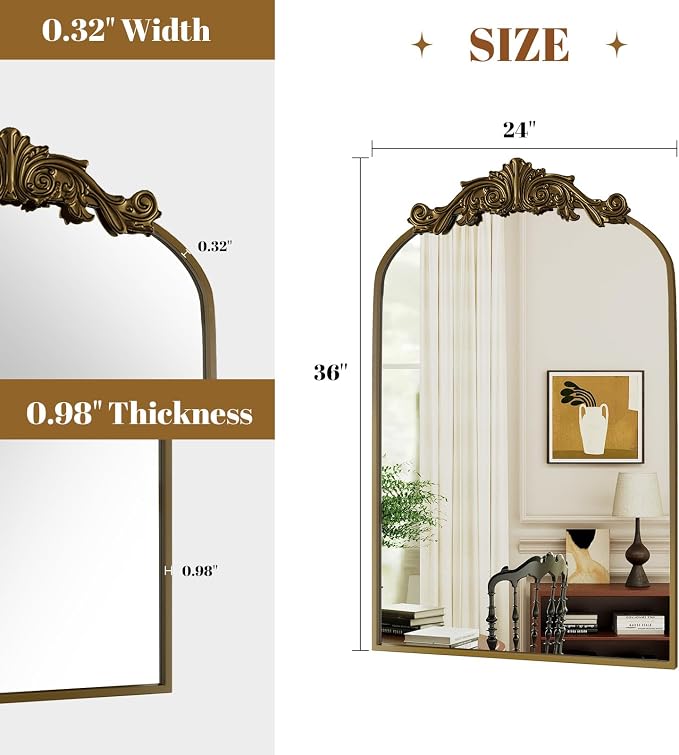 VooBang Vintage Arched Bathroom Mirror, 26x38 Inch Retro Wall Mounted Vanity Mirror with Carved Pattern Top and Metal Frame, Antique Decorative Mirror for Hanging or Leaning
