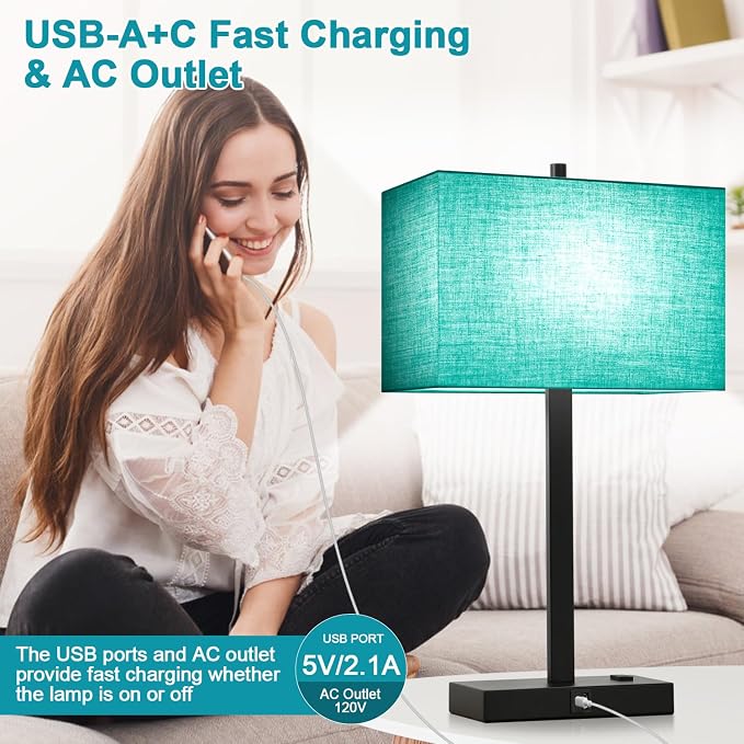 Lynnoland 21" Set of 2 Table lamp with USB A+C & AC Outlets, Touch Control 3-Way Dimmable Nightstand Lamps for Bedroom Living Room Office Reading, Green Shade Touch Lamps, 5000K LED Bulbs Included