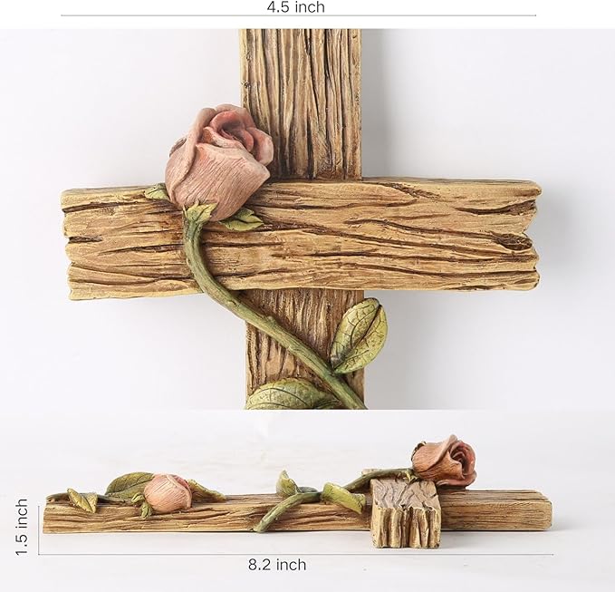 BC Home Decor 8.25" H Mystical Rose Cross for Wall, Wood Carve Looking Spring Rustic Catholic Home Decor, Mother's Day Religious Gift, Handpainted by Buildclassic