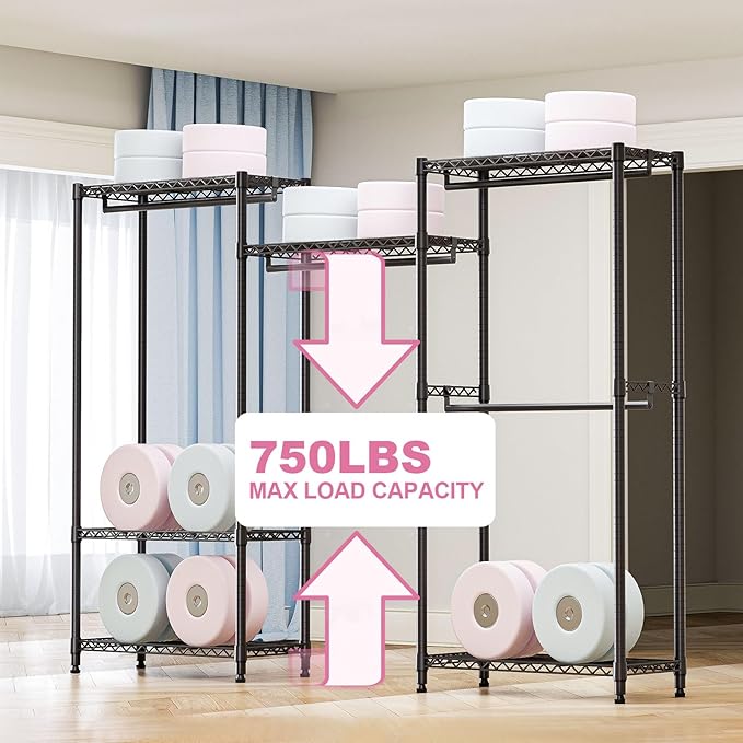 Heavy Duty Rolling Garment Rack 6 Tiers Adjustable Wire Shelving Clothes Rack with Rods Storage Closet Clothing Rack Black 15.7" D x 70.8" W x 76.5" H