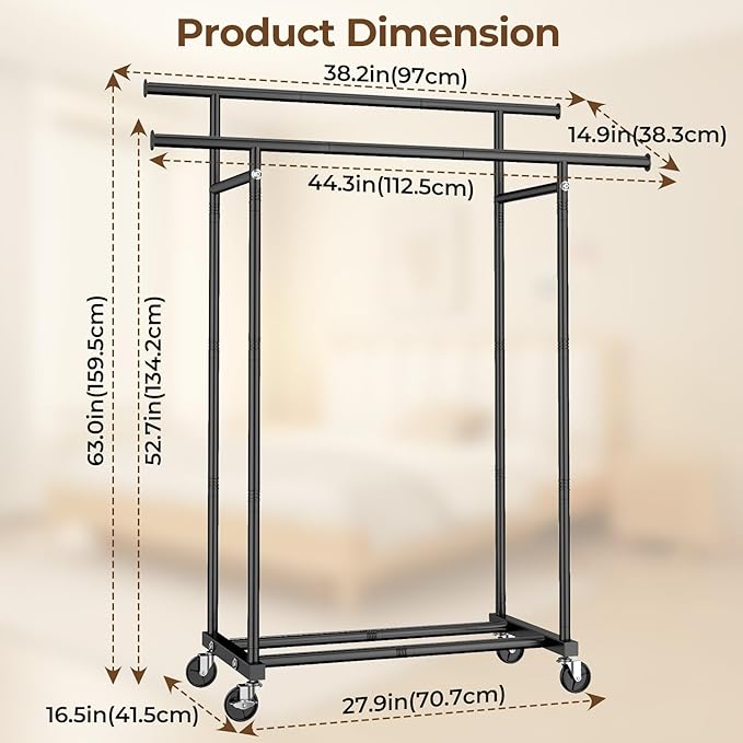 Double Rods Clothes Rack, Rolling Clothing Rack for Hanging Clothes Portable Wardrobe Rack, Metal Garment Rack Sturdy Coat Rack for Bedroom Laundry Living Room, Black