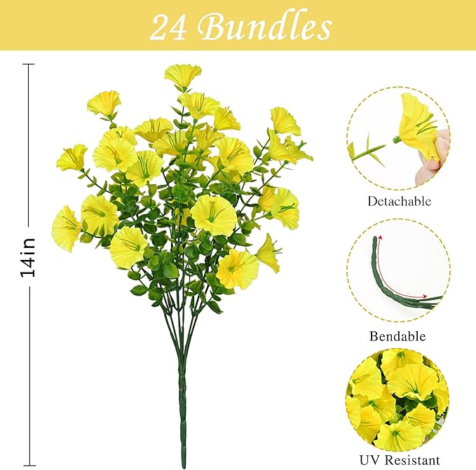 Waipfaru Artificial Flowers for Outdoors, 24 Bundles Faux Plants Outdoor, UV Resistant Artificial Plants, Silk Petunias Fake Flowers for Outside Home Decor Planter Porch Decoration, Yellow