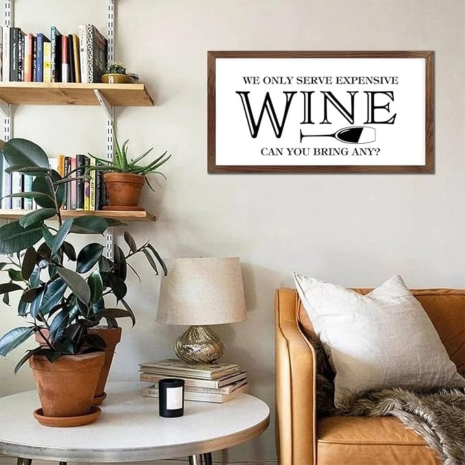 Family Lettering 12x22in Hanging Wall Sign with Life Positive Quote We Only Serve Expensive Wine Apricot Frame Wooden Plaque Birthday Housewarming Gift for Cottage Home Farmhouse Porch Wall Decor