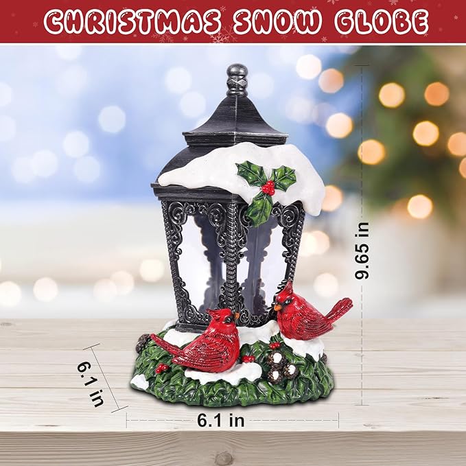 Christmas Snow Globe Lantern Cardinals Water Glittering Globe with 6H Timer Function Christmas Snow Globes 3 AA Battery Operated for Christmas Festival Decorations Gifts (Cardinals)