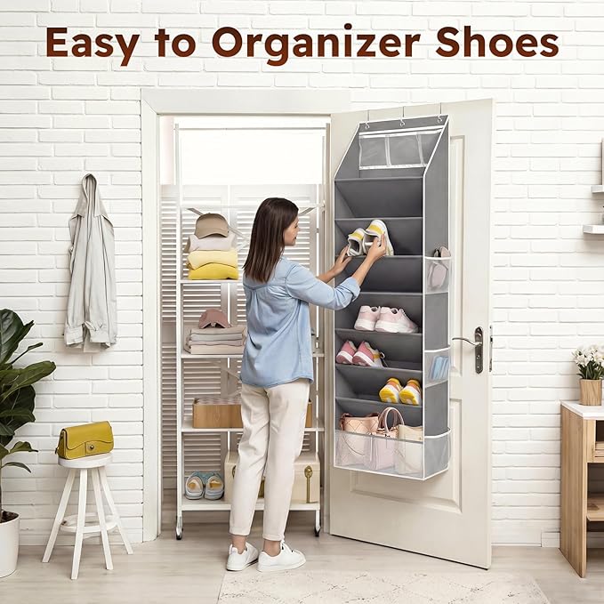 Over The Door Shoe Organizer - 8 Tier Hanging Shoe Organizer with Large Capacity Pockets, Shoe Organizer for Closet, Shoes Rack for Door, Fits 16-24 Pairs of Sneakers, Boots, Heels – Grey
