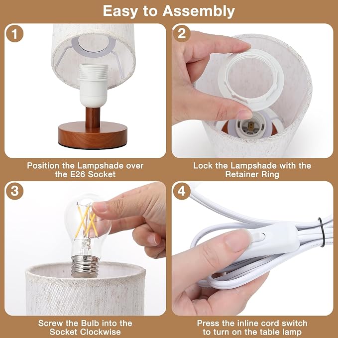 Fenmzee Small Lamps Set of 2 - Inline Control, Bedside Table Lamp for Bedroom with 3000K A15 LED Blub, Easy Assembly (Cream Shade - Walnut Base Set of 2, 9" Inline Control)