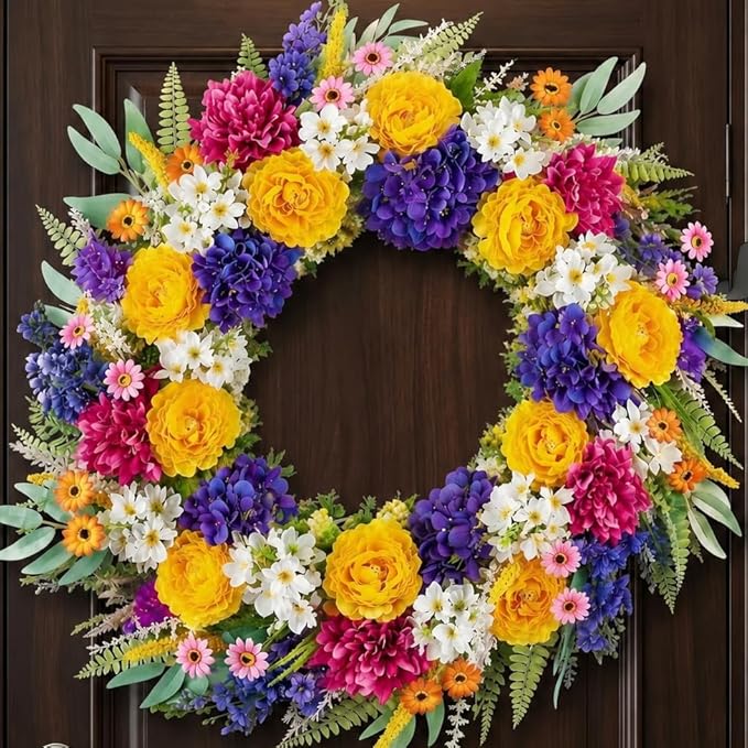 NUPTIO Summer Wreath for Front Door: 26 Inch Spring Wreaths with Hydrangea Daisy Peony Ranunculus Dahlia Hanger - Outdoor Realistic Artificial Flowers Holiday Decor for Wall Window Porch