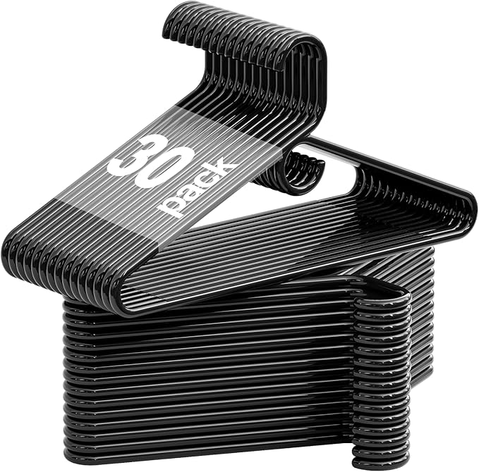 Black Plastic Hangers 30 Pack, Heavy Duty Clothes Hangers for Standard Size Hangers with Center Hook & Non-Slip Pants Bar for Shirts, Pants, Coat, Dresses, Jackets, Scarves and Belts