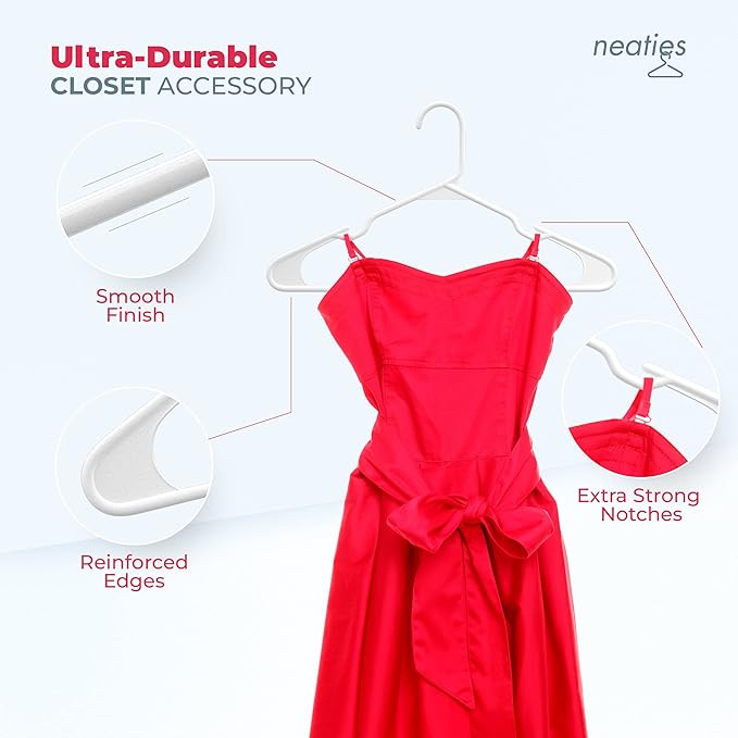 Neaties Plastic Hangers 30 Pack – Made in The USA – 6lb Capacity Standard Clothes Hangers with Notches and Reinforced Edges for Dresses, Lingerie, Shirts, Pants, and Jackets – White