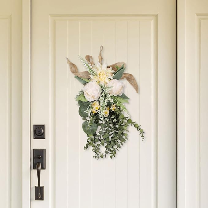 Artificial Floral Teardrop Swag Silk Flower Decorative Garland Hanging Ornament Reusable Wall Suitable for Gift Giving Home Decoration Office, Champagne Color