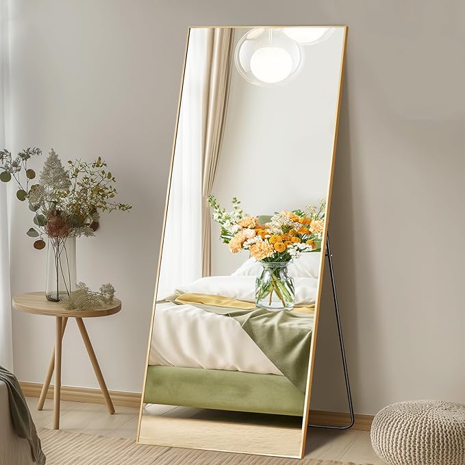 DUMOS 58"x19" Full Length Mirror, Full Body Mirror with Aluminum Alloy Thin Frame, Standing Mirrors with Leaning or Hanging, Suitable for Bedroom, Livingroom, Cloakroom, Gold
