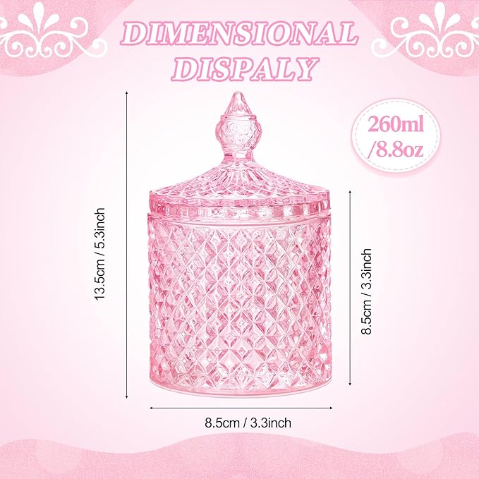 Aoriher 4 Pcs Crystal Glass Candy Jar Set with Lids Home Decorative Storage Jars for Apothecary, Bathroom, Kitchen, and Pantry, Ideal for Cotton Swabs and Jewelry(Medium,Pink)