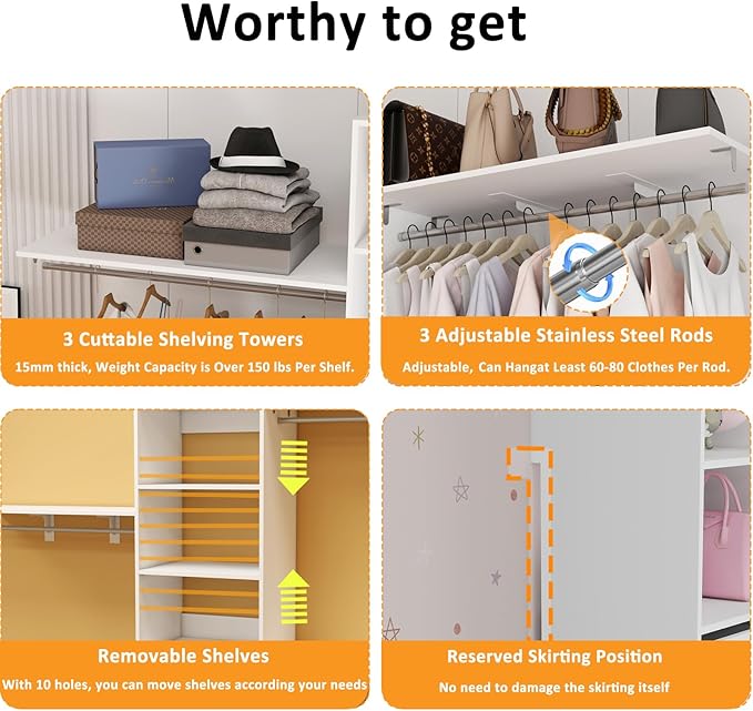 Closet System with Drawers, 5-8FT Closet Organizer Systems with Expandable Hanging Rods, 96" Closet Shelving Systems for Walk in Closets, Heavy Duty Wall Mount Closet Systems-White