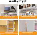 Closet System with Drawers, 5-8FT Closet Organizer Systems with Expandable Hanging Rods, 96" Closet Shelving Systems for Walk in Closets, Heavy Duty Wall Mount Closet Systems-White