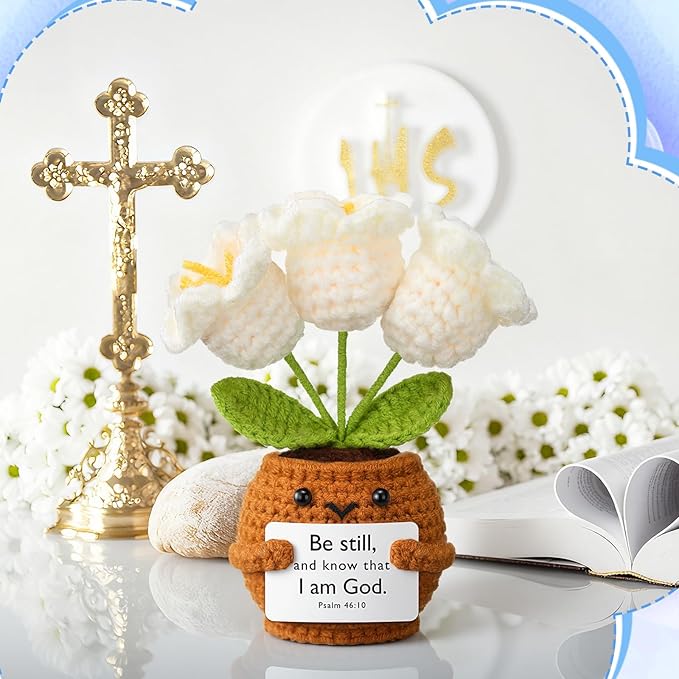 Wavwavw 6 Pcs Christian Gift for Women Inspirational Religious Gifts Positive Faith Scripture Crochet Handmade Bible Verse Crochet Doll with Prayer Card for Vbs Church(Lily of the Valley)