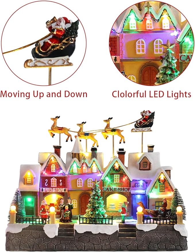 MUMTOP Christmas Village House with Flying Reindeer, Light Up Animated Town Building with Santa Sleigh for Indoor Holiday Xmas Tabletop Decor