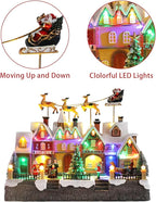 MUMTOP Christmas Village House with Flying Reindeer, Light Up Animated Town Building with Santa Sleigh for Indoor Holiday Xmas Tabletop Decor