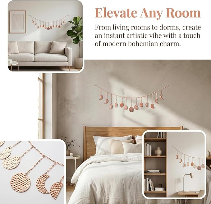 opulinea Moon Phase Garland Rose Gold Hammered Metal - Celestial Boho Wall Hanging Decor Moon Phases Ornament for Bedroom Aesthetic Above Bed Living Room Home Decor